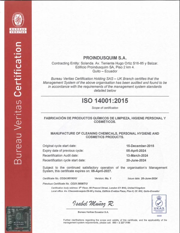 Certificado ISO 14001:2015 de Proindusquim emitido por Bureau Veritas