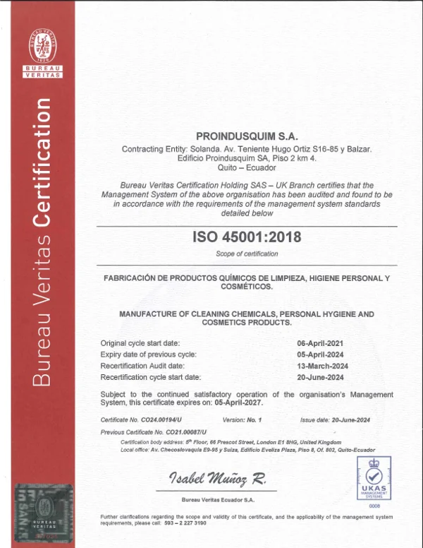 Certificado ISO 45001:2018 de Proindusquim emitido por Bureau Veritas