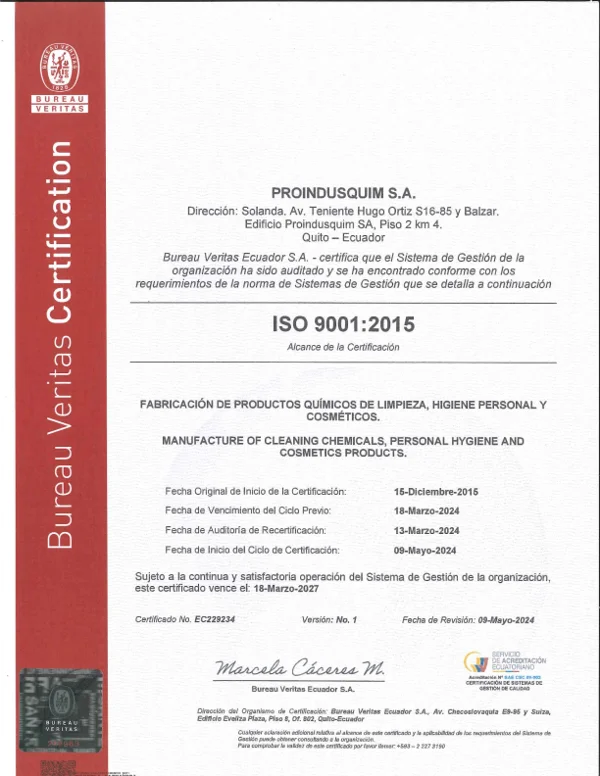 Certificado ISO 9001:2015 de Proindusquim emitido por Bureau Veritas
